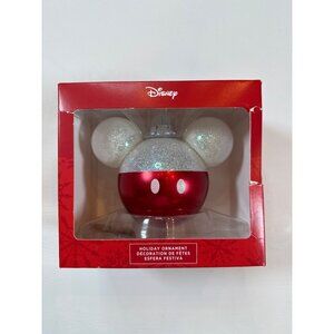 Disney Mickey Mouse Holiday Glass Ornament White & Red Winter